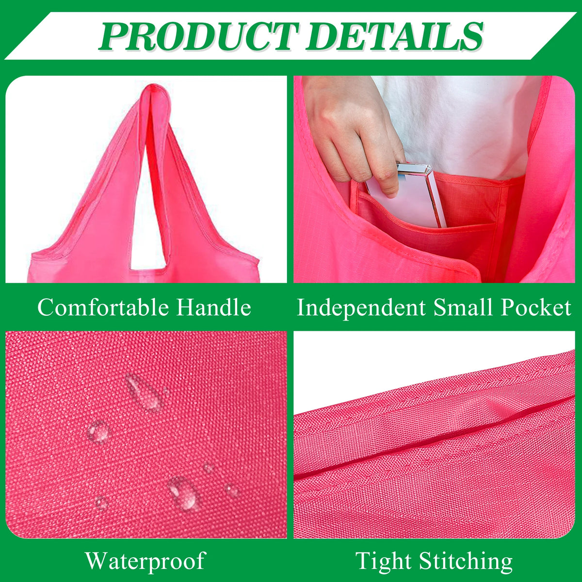 Pink reusable foldable grocery tote bags showing details like a comfortable handle, independent small pocket, waterproof fabr