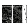 A black carbon fiber money clip with an RFID protection feature shown in a horizontal layout.