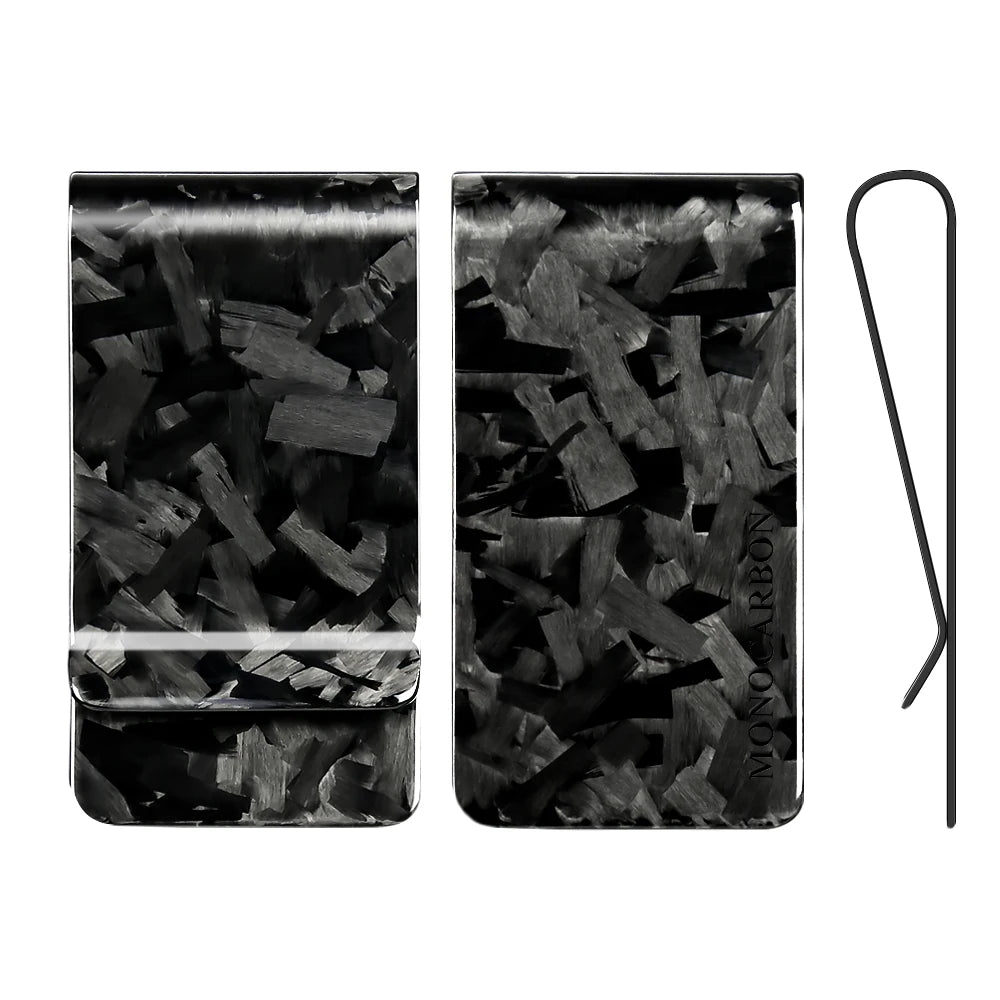 A black carbon fiber money clip with an RFID protection feature shown in a horizontal layout.
