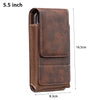 A brown PU leather phone waist pouch with a belt clip shown in a vertical view.