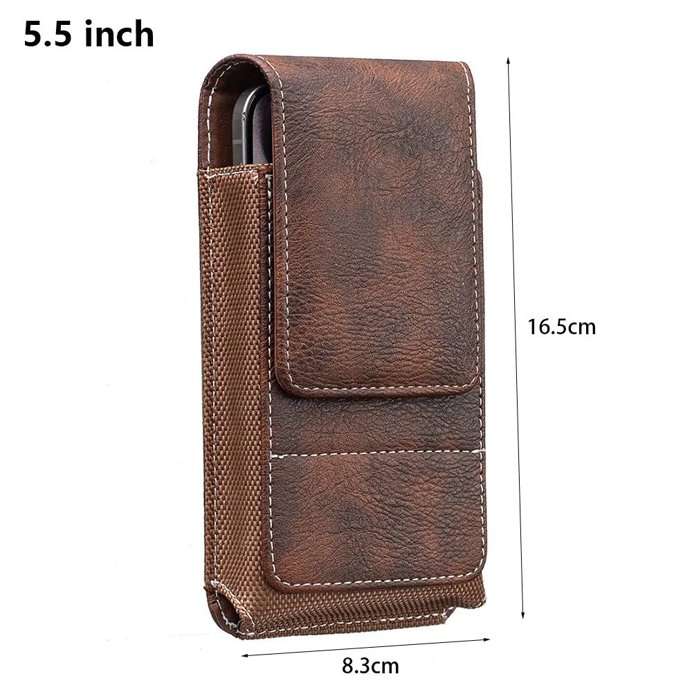 A brown PU leather phone waist pouch with a belt clip shown in a vertical view.