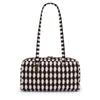 A black and white leopard print nylon shoulder tote bag.