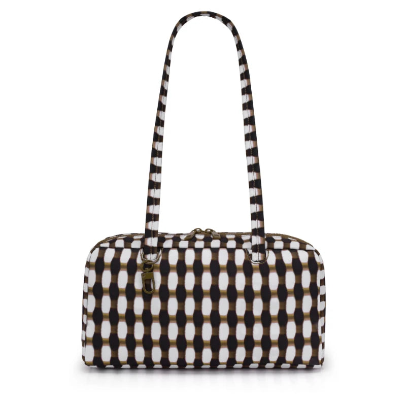 A black and white leopard print nylon shoulder tote bag.
