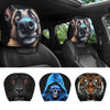Set of four double-sided car headrest protectors with animal and skull designs, universal fit