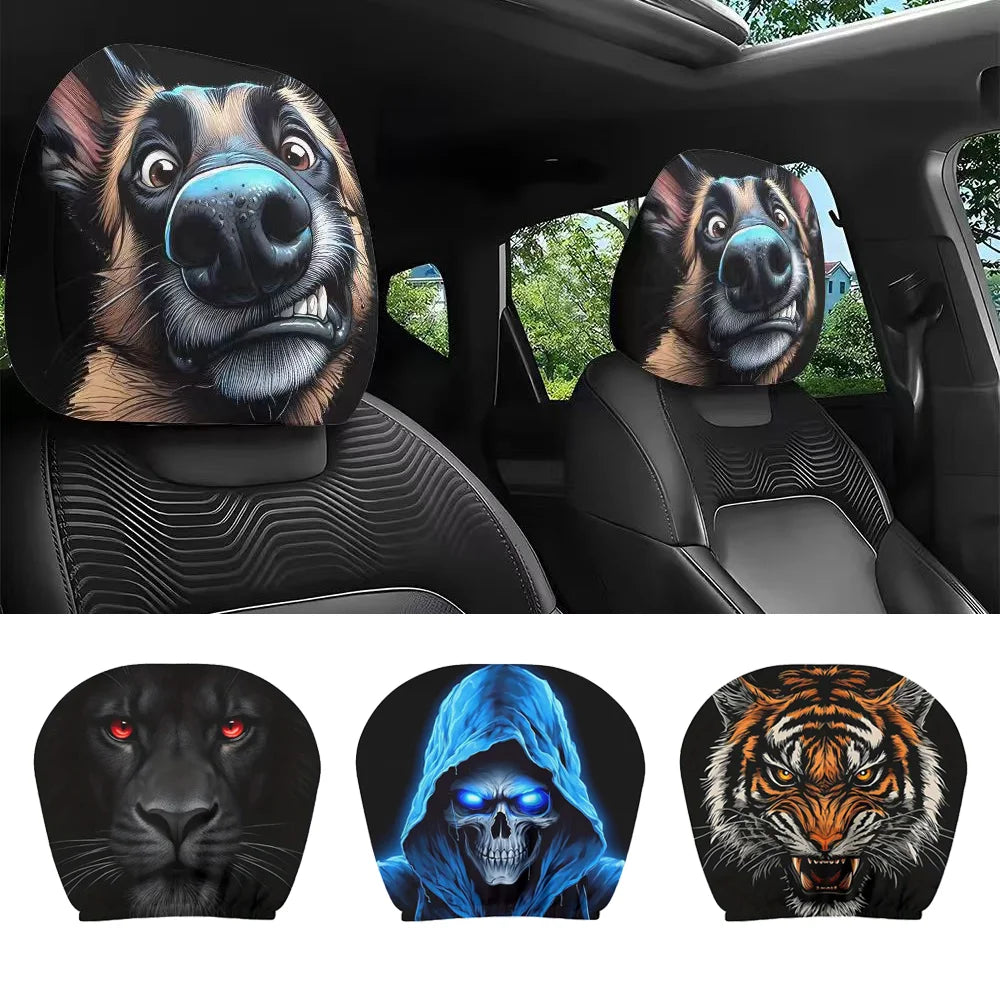 Set of four double-sided car headrest protectors with animal and skull designs, universal fit