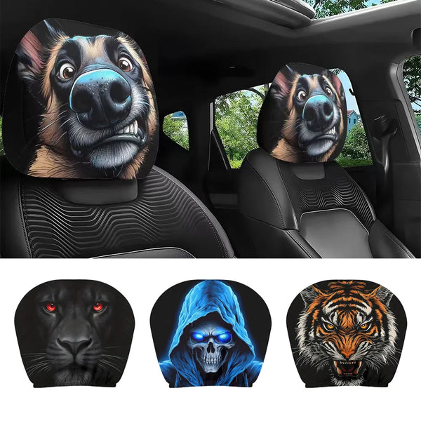 Set of four double-sided car headrest protectors featuring animal and skull designs for universal fit
