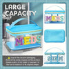 A clear plastic toiletry bag with a lid and embroidered letters MEDS in purple, yellow, and green thread.