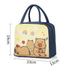 A cartoon capybara insulated lunch bag in blue and yellow featuring cute animal illustrations.