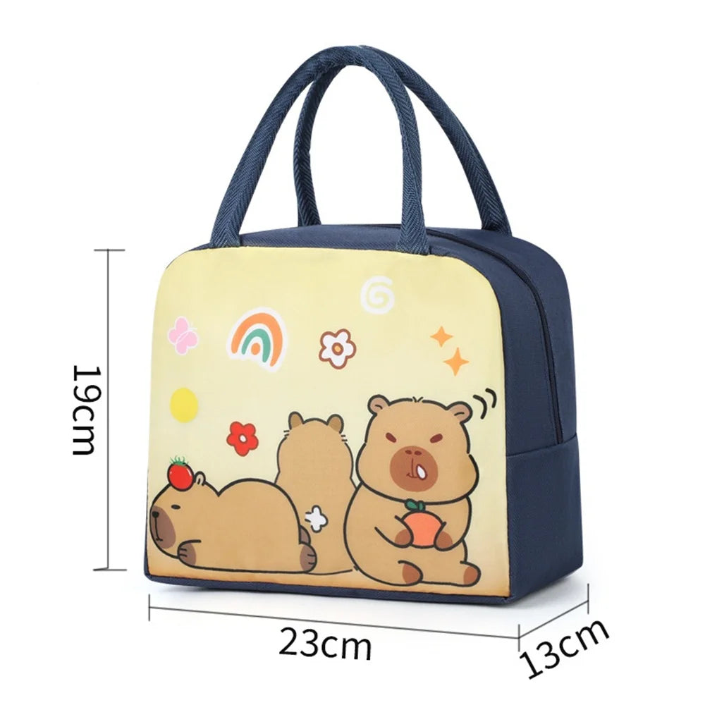 A cartoon capybara insulated lunch bag in blue and yellow featuring cute animal illustrations.