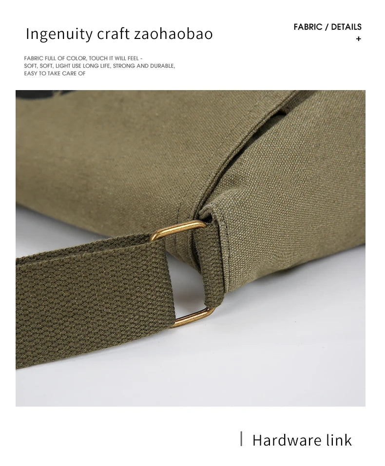 A close-up view of a olive green canvas messenger bag with brass hardware.