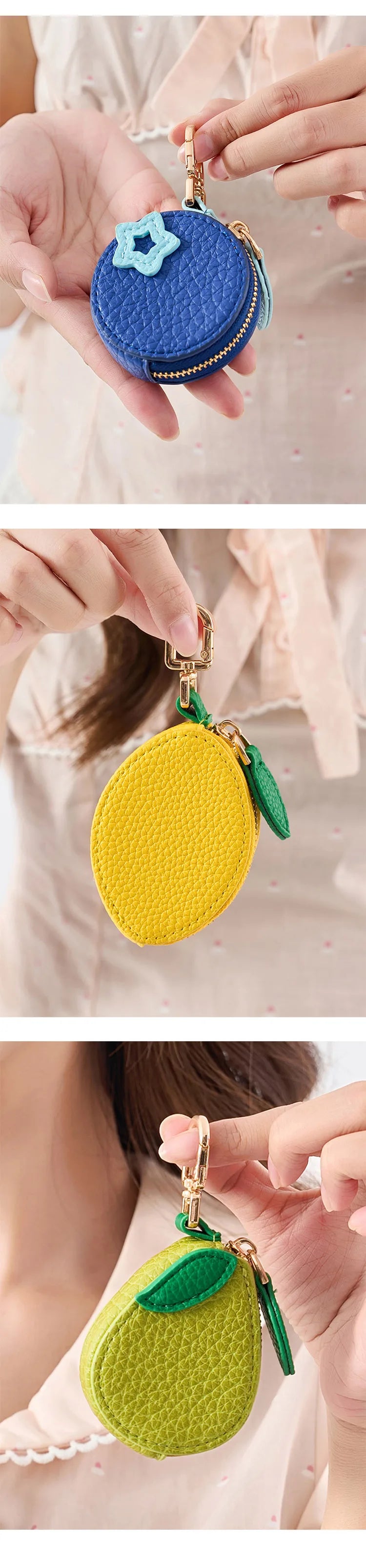 A close-up of a yellow coin purse keychain with a textured surface and green fabric detail being held by a hand.