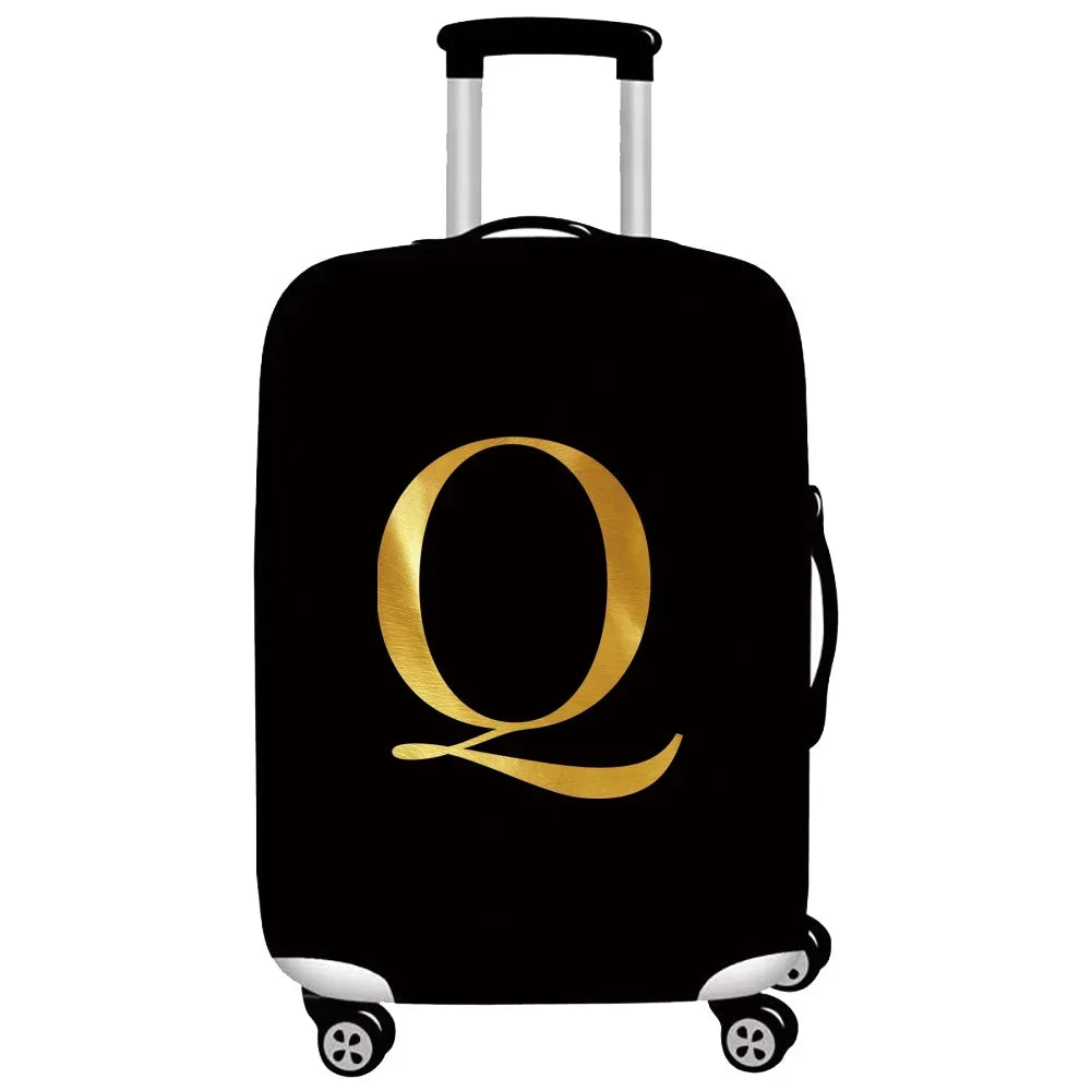 Black rolling suitcase with a gold letter Q design