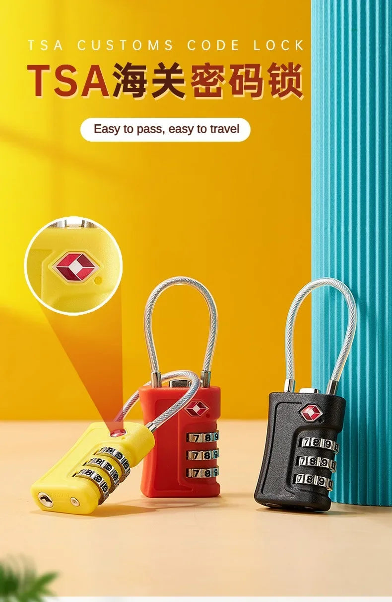 A set of red and black combination locks with metal rings displayed against a yellow background.