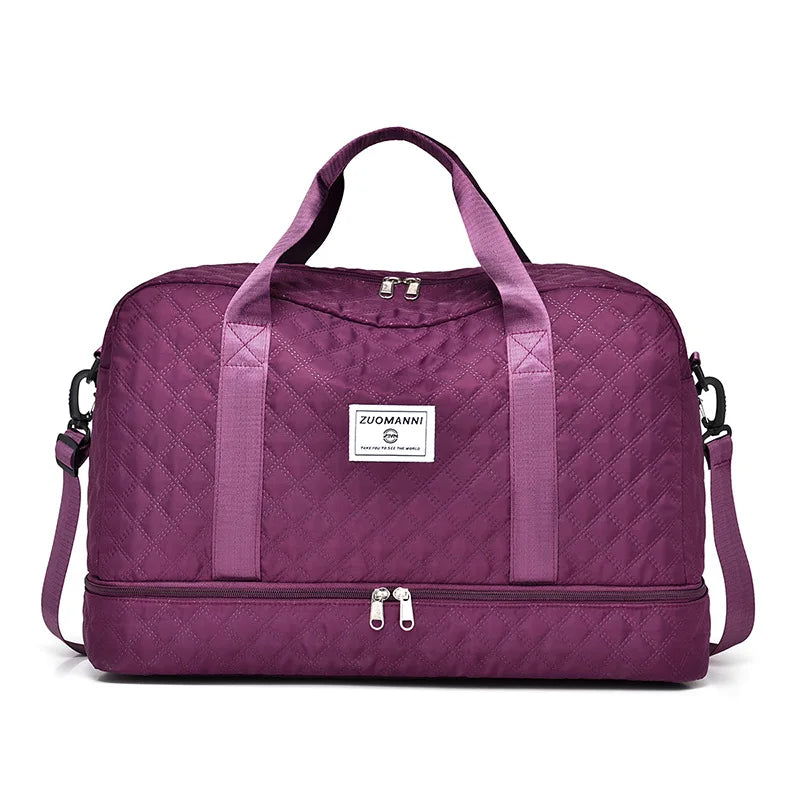 A purple ZUOMANNI durable nylon travel duffle bag with padded straps.