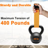A hand holds an orange strap attached to a black weight, demonstrating the maximum tension of 400 pounds.