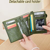 A hand holds a green detachable card holder wallet displaying various cards and ID documents.