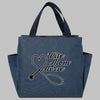 Bolsa de almuerzo de lona azul marino con texto bordado: Write Mom Nurse