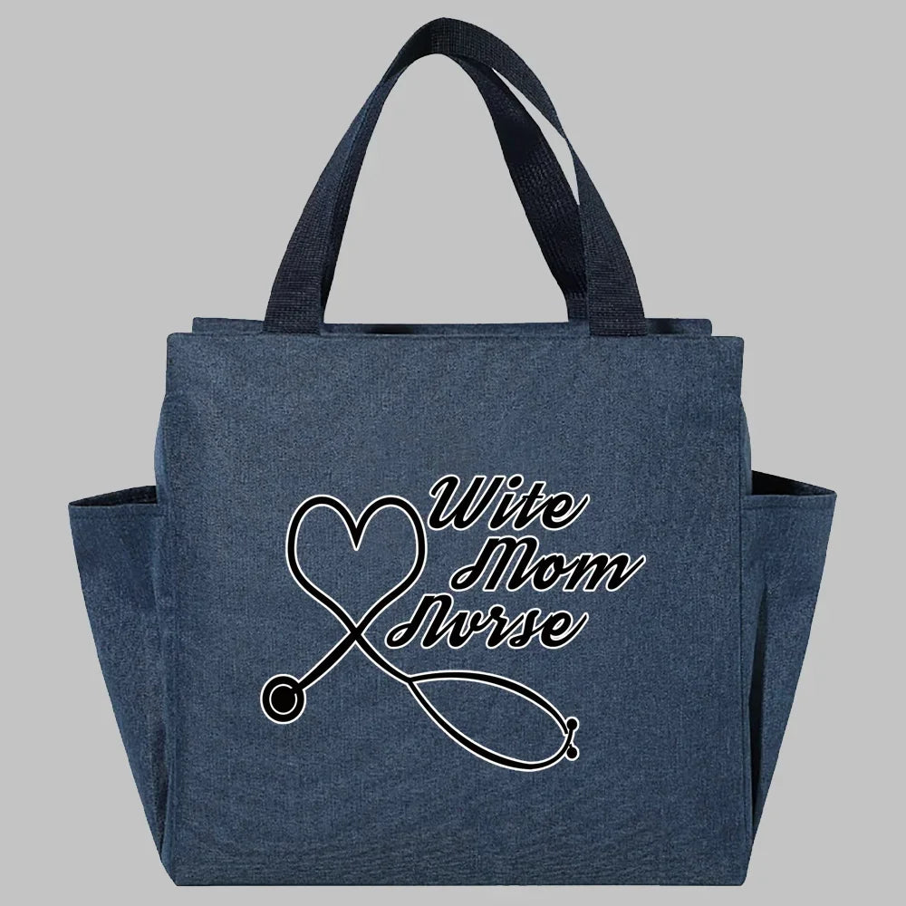 Bolsa de almuerzo de lona azul marino con texto bordado: Write Mom Nurse