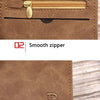 A close-up of a brown leather wallet showing a smooth zipper closure and a debossed initial B.