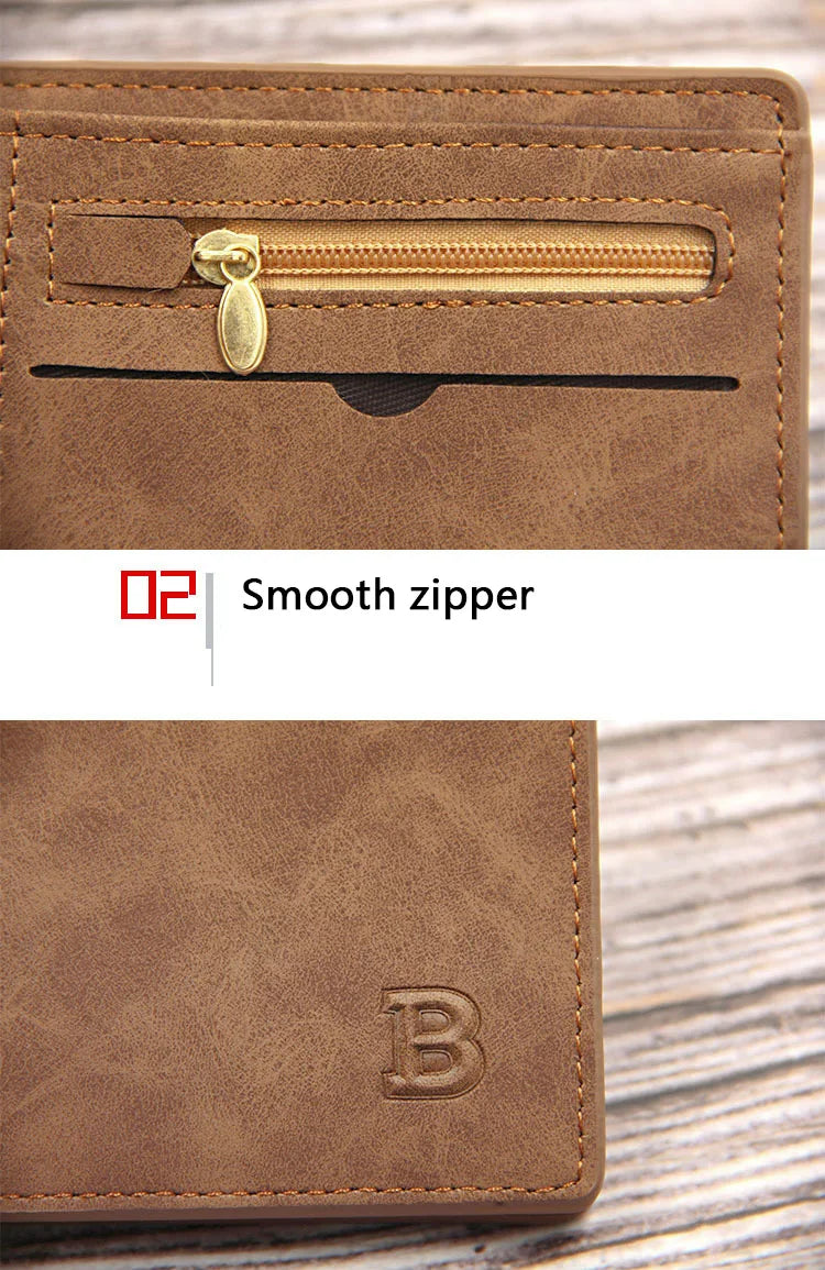 A close-up of a brown leather wallet showing a smooth zipper closure and a debossed initial B.
