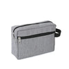 A gray zippered travel cosmetic bag with a black trim and a black strap.