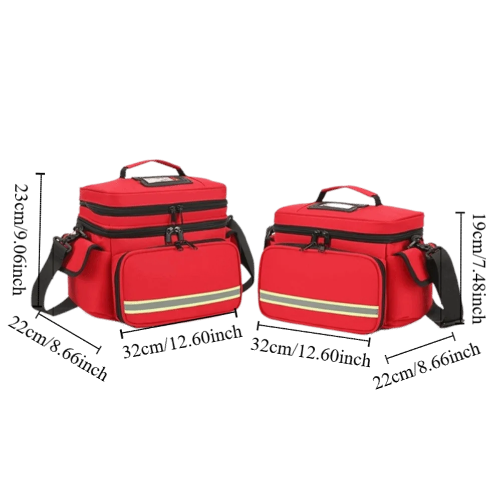 A pair of red durable waterproof emergency trauma bags with black straps and yellow accents.