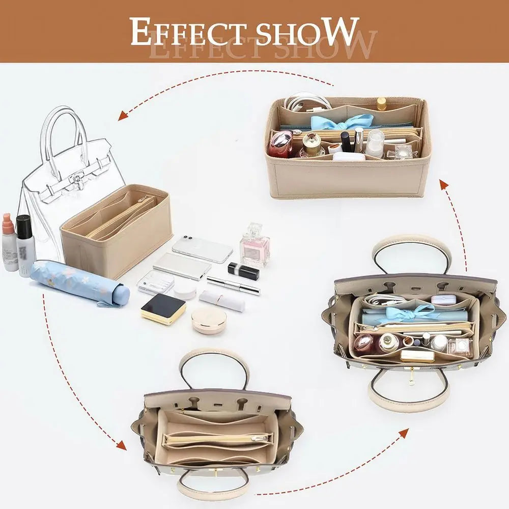 A collection of felt bag organizers and inserts, including a rectangular box, a small clutch, and various compartments.