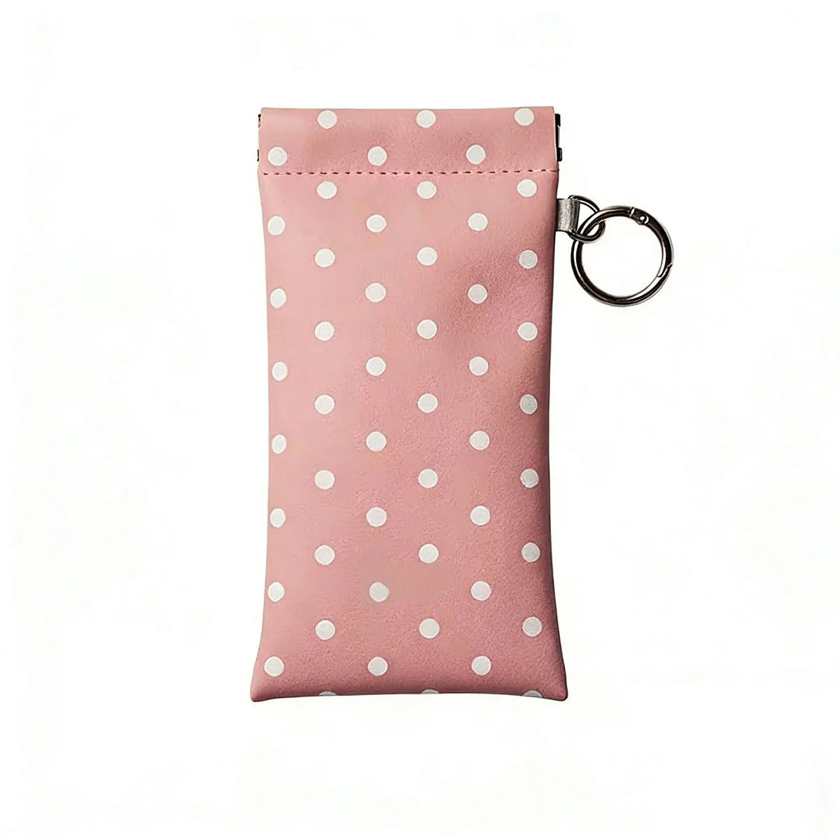 A pink polka dot eyeglass pouch with a silver keychain attached.