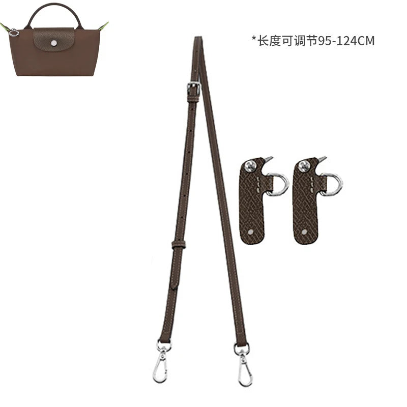 Kit de correa de cuero para hombreras de mini bolsos, mostrando una correa y herrajes marrones.