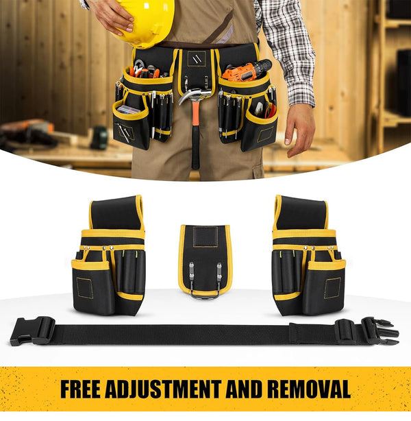 Un sac à outils robuste avec plusieurs compartiments porté par une sangle noire.