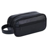 Black men's premium leather travel cosmetic bag with a zippered closure and carrying strap.