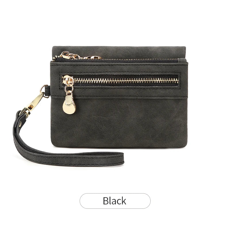 A black retro PU leather double fold wallet with a gold zipper and leather strap.