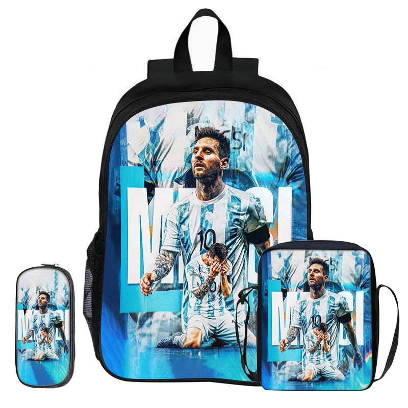 Schwarzer Rucksack mit Grafik eines männlichen Athleten in einem weißen und blauen Trikot.
