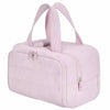 Bolsa impermeable de tocador rosa claro con múltiples bolsillos, cierre de cordón y asa de tela rosa.