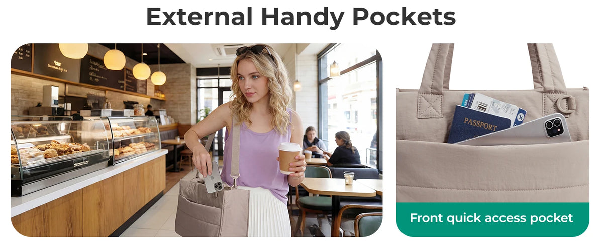 Eine Frau hält eine beige Tasche mit externen Taschen in einem Café.