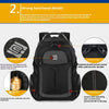 A black laptop backpack showing functional details like a logo, padded sections, and mesh bags.