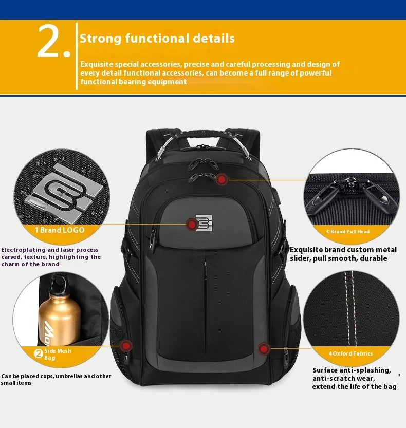 A black laptop backpack showing functional details like a logo, padded sections, and mesh bags.