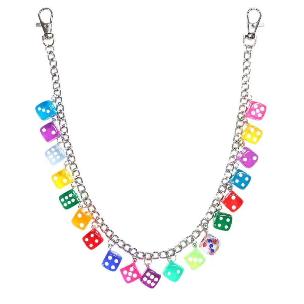 A colorful dice waist chain punk accessory featuring various colored dice charms on a silver chain.