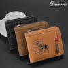 A stack of brown leather wallets with black trim and zipper closures displayed on a dark surface.
