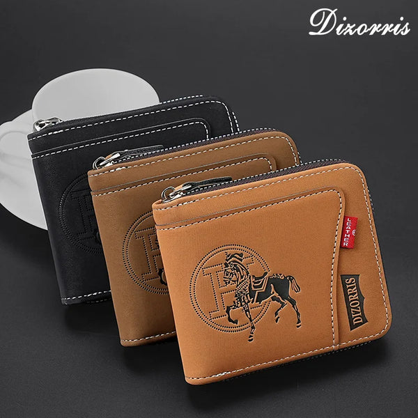A stack of brown leather wallets with black trim and zipper closures displayed on a dark surface.