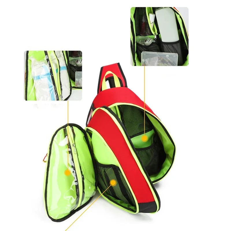 A red and lime green medical crossbody bag for first aid and essentials, shown with an interior view.