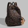 A brown leopard print backpack with a flap and pocket is shown against a gray background.