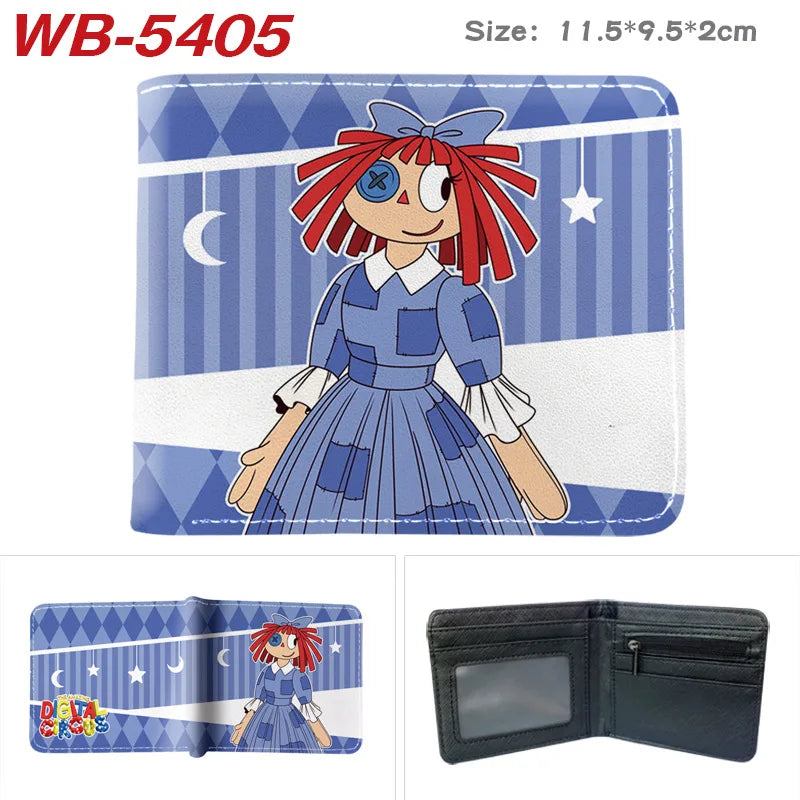 Blau-weiße Illustration einer weiblichen Figur auf einer PU-Leder-Klappwallet.
