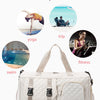 A beige nylon travel duffle bag featuring an argyle pattern, shown with various activity icons.