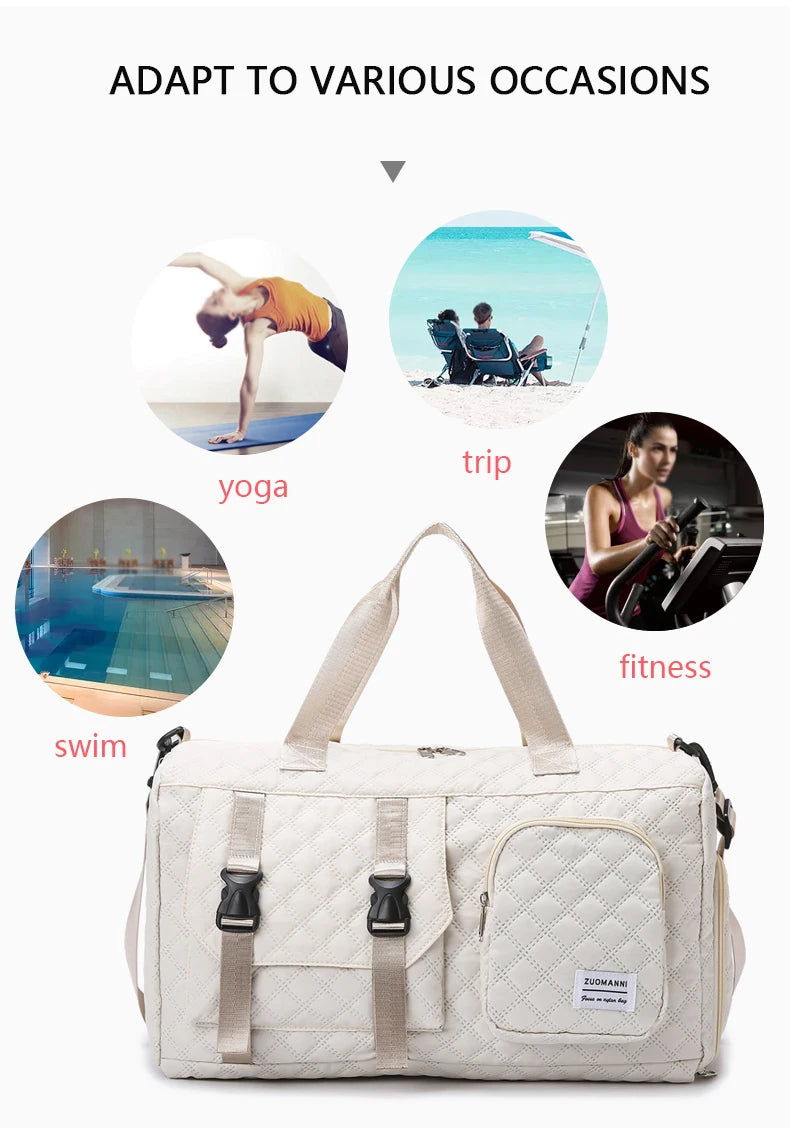 A beige nylon travel duffle bag featuring an argyle pattern, shown with various activity icons.