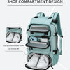 A teal backpack designed with a shoe compartment for travel.