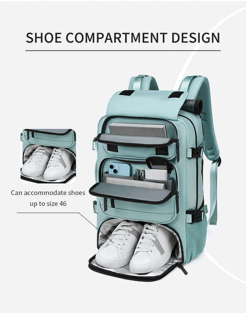 A teal backpack designed with a shoe compartment for travel.
