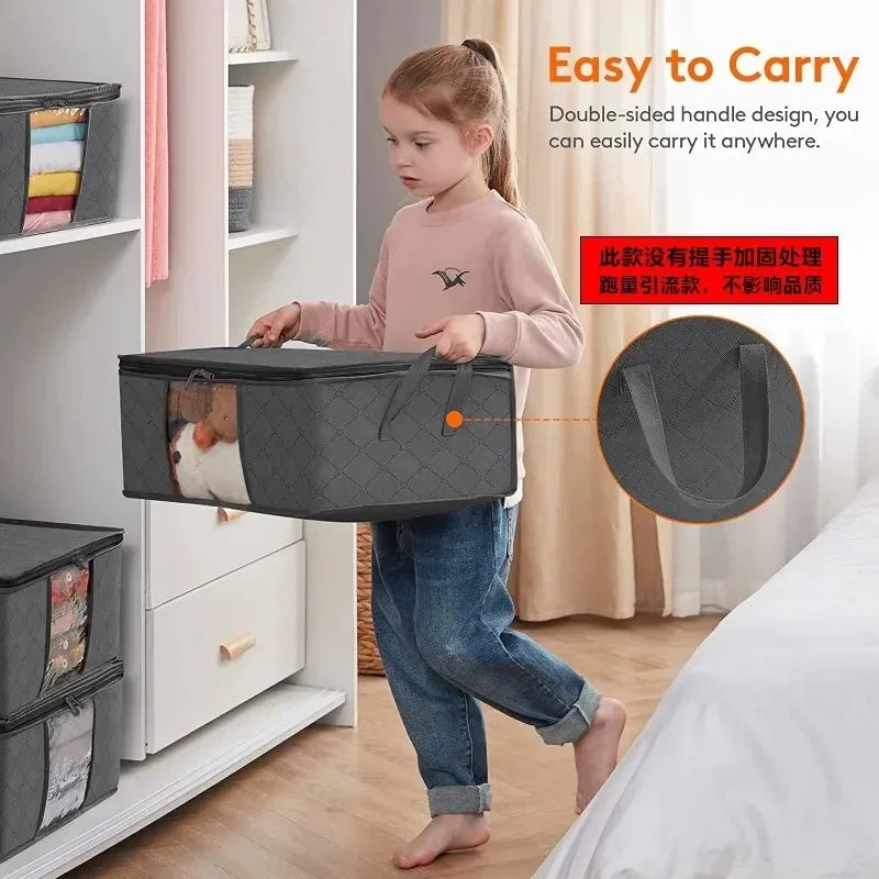 A young girl is carrying a gray foldable storage bag with a double-sided handle in a brightly lit room.