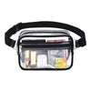 Clear stadium-approved waist pack with an adjustable black strap containing various small items.