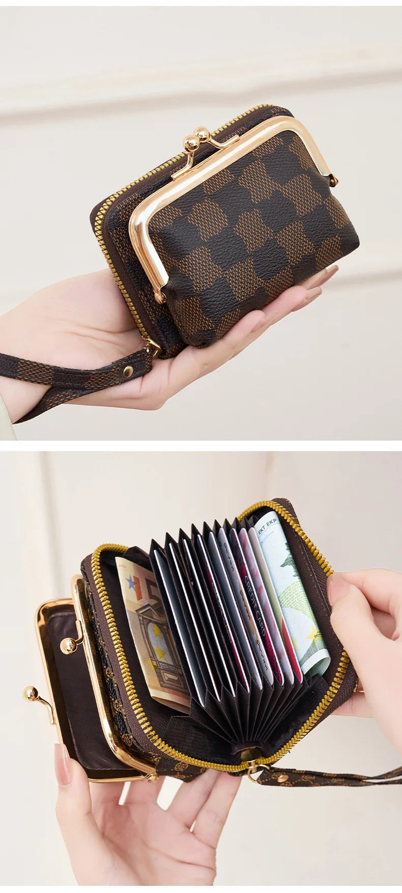 A close-up of a brown faux leather accordion card holder wallet with gold accents and a checkered pattern, being held by a ha